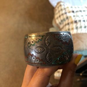 Authentic turquoise and coral silver cuff